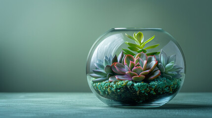 Wall Mural - Award Winning National Geographic rule of thirds, photograph of a delicate glass terrarium containing a miniature succulent garden, minimalist, plain soft jade background, ultra re