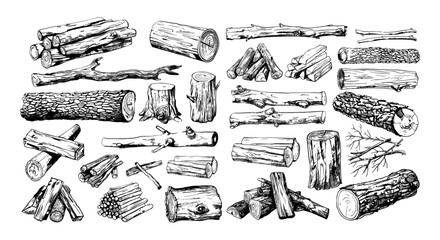 Wall Mural - firewood pile ink sketch vector set. logs twigs branches brushwood driftwood fire burning wood lumbe