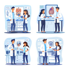 Poster - Gastroenterology cartoon vector scenes. Doctors man woman coats patient organs x rays check intestines liver stomach diagnosis making, treatment select laboratory interior specialists characters