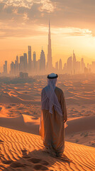 Sticker - A man adorned in traditional Arab attire overlooks a vast city skyline from the quiet solitude of the desert.