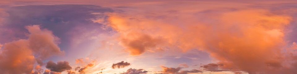 Wall Mural - sunset sky with bright glowing pink cumulus clouds. seamless spherical hdr 360 panorama. full zenith