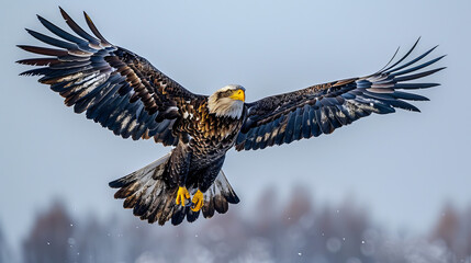 Wall Mural - Award Winning National Geographic rule of thirds, photograph of a majestic eagle in flight, minimalist, plain sky blue background, ultra realistic photo, left in frame The powerful