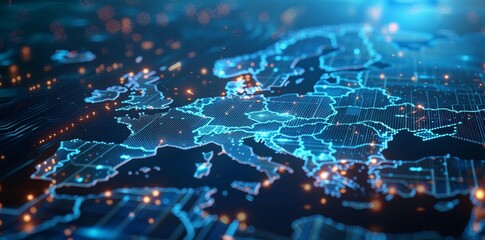 a computer generated map of europe with a blue background and a lot of lights