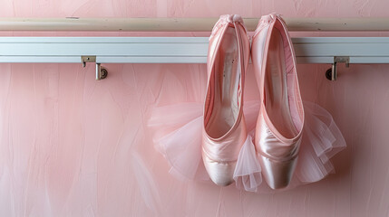 Wall Mural - Award Winning National Geographic rule of thirds, photograph of a pair of ballet slippers hanging on a barre, minimalist, plain pale pink background, ultra realistic photo, centere