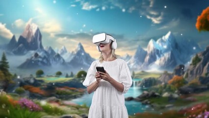 Wall Mural - Excited girl living room using VR and smartphone to connect meta surround fantasy mountain ice with snow falling water stream in magical beautiful wonderland fantastic dreamy at morning. Contraption.
