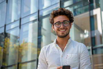 Wall Mural - a joyful young man with glasses, using a smartphone outside a modern glass building.