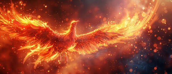 Wall Mural - A fiery bird with its wings spread wide, surrounded by a cloud of sparks by AI generated image