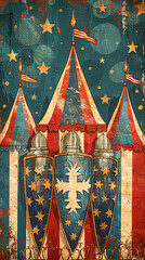 Wall Mural - n artwork depicting a medieval festival with knights bearing shields painted in the style of the American flag