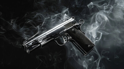 A gun is shown in the air with smoke surrounding it