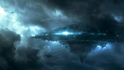 Wall Mural - A large spaceship is flying through a cloudy sky by AI generated image