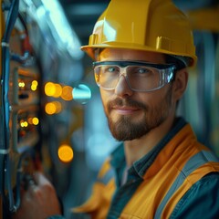 Wall Mural - A man in a yellow safety helmet and goggles is smiling