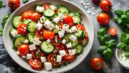 Wall Mural - Homemade Tomato Cucumber Feta Salad in a Bowl, top view. Flat lay, overhead, from above. Copy space.
