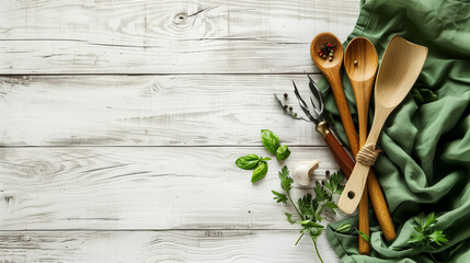 White wooden table background covered with green tablecloth and cooking utensils. 