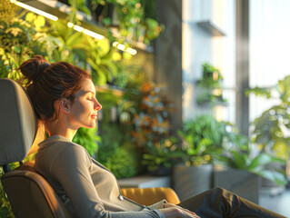 a woman in smart casual attire enjoys a peaceful moment in her stylish office, complete with modern decor and a touch of greenery