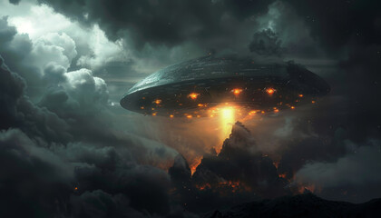 Wall Mural - A large spaceship is flying through a cloudy sky by AI generated image