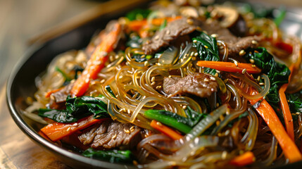 Wall Mural - Traditional korean japchae: stir-fried glass noodles with sliced beef, spinach, and carrots in a soy-sesame sauce