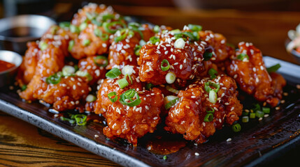 Wall Mural - Savory korean fried chicken garnished with sesame seeds and green onions, served on a black plate, perfect for food enthusiasts