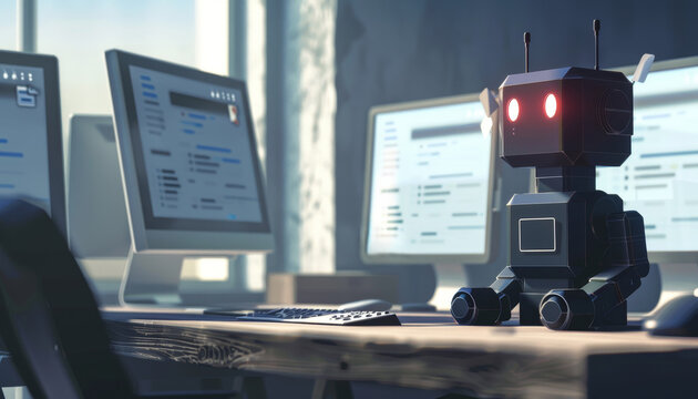A robot is sitting on a desk in front of a computer monitor by AI generated image