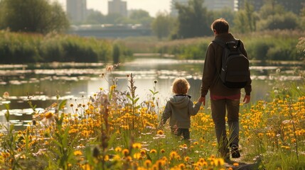 Families hiking in a city nature reserve