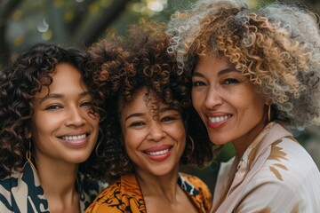 Three women with curly hair are smiling for the camera