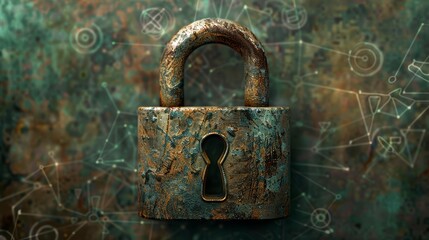 Wall Mural - Cyber security and data protection of private information. Rustic bronze padlock icon with slight grunge texture, set against a muted dark green background with network symbols