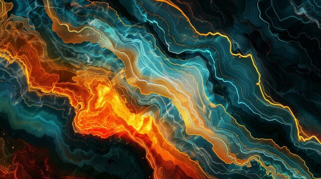 Modern concept art featuring a topographical map effect with random tempera color blending, glowing and liquid