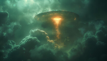 Wall Mural - A large spaceship is flying through a cloudy sky by AI generated image