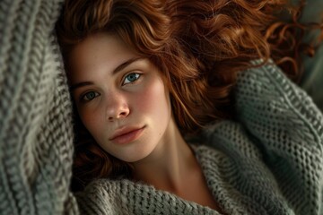 Poster - A woman with red hair is laying down and wearing a sweater