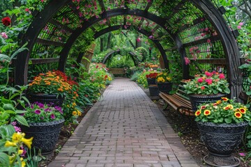Wall Mural - A charming garden pathway lined with ornate planters filled with colorful flowers, leading to a quaint wooden bench nestled under a trellis