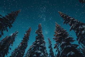 Sticker - A beautiful night sky with snow covered trees and a starry sky