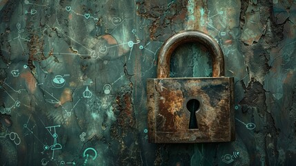 Cyber security and data protection of private information. Rustic bronze padlock icon with slight grunge texture, set against a muted dark green background with network symbols