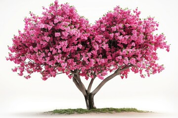 Poster - A charming heart-shaped tree in full bloom with pink flowers, placed in a serene garden with a simple white backdrop