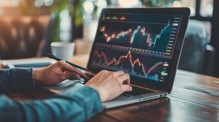 Aufkleber - Person typing on a laptop with financial charts visible on the screen in a home office.