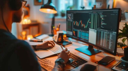 Poster - Person writing notes while analyzing stock charts on a dual-monitor setup.