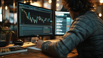 Poster - Person writing notes while analyzing stock charts on a dual-monitor setup.