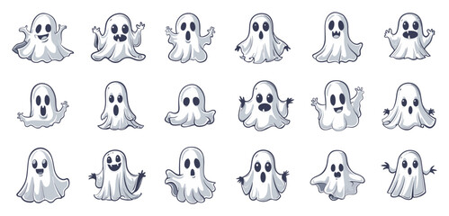 Wall Mural - Cartoon Ghosts in Different Poses. Simple Vector Illustration on White Background. Spooky Ghost Characters, Haunting Phantoms, Halloween Spirits, Ghostly Figures, Spectral Entities, Supernatural