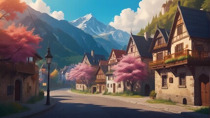 Canvas Print - village in the mountains at spring