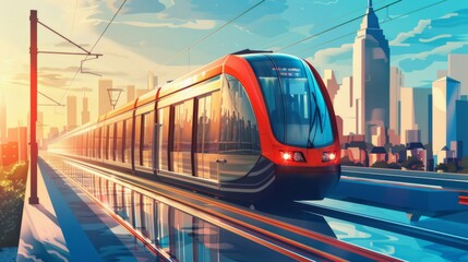 Aufkleber - Public transport concept: electric train with city skyline in the background.