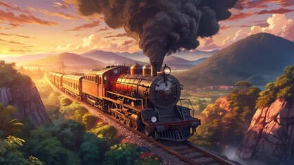 Wall Mural - aerial view steam locomotive train at beautiful sunset panorama	