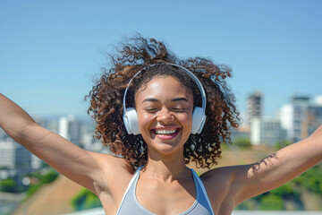 Wall Mural - an athletic woman in a stylish sports bra, laughing while stretching her arms, with headphones on, set against a modern urban background under a clear blue sky.