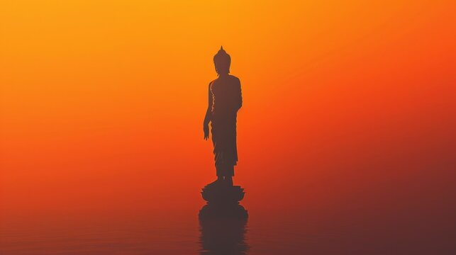 Silhouette of a standing Buddha statue with a vibrant orange horizon.