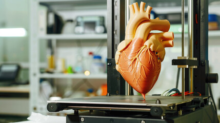 Wall Mural - 3D printer creating a realistic human heart model in a laboratory setting for educational or medical prototyping purposes.