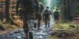 Soldiers in camouflaged uniforms trek through a forest, representing military training, teamwork, and perseverance