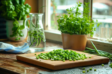 Wall Mural - Freshly chopped green chives on a wooden board in the kitchen near the window and pots with herbs
