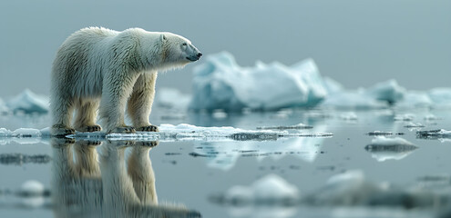 Polar bear on ice floe, reflection in the arctic sea, melting icebergs, polar environment. Symbol of climate change, global warming. Ice bears are threatened with starvation. Ice and permafrost melts.