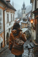 Wall Mural - Solo traveler with a map and camera exploring narrow cobblestone streets of an old European town, historic buildings and local culture, sense of discovery, copy space