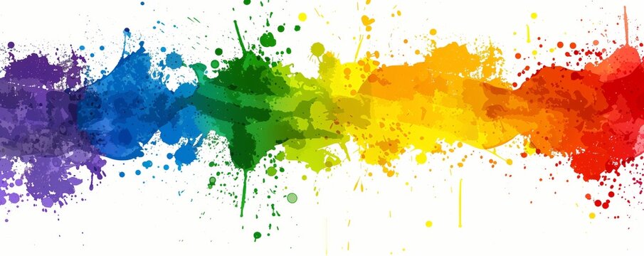 Colorful abstract rainbow paint splash and splatter isolated on white background. 8k high resolution LGBTQIA+ Pride month banner or other celebration of diversity empowerment, unity and freedom