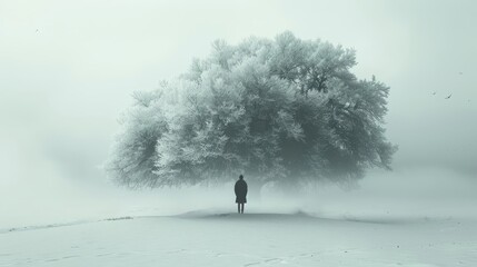 Wall Mural - a person standing under a tree in the snow