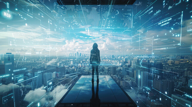 A person standing on a futuristic platform overlooking a cityscape with digital overlays and holographic interfaces under a blue sky.