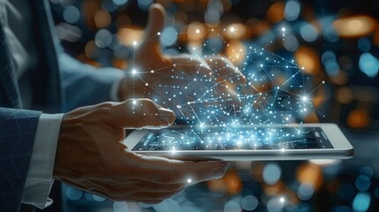 Leinwandbilder - A businessman holding a tablet and looking at a virtual blockchain network with data fields floating around him. A close up shoot of hands and tablet. Generative AI.